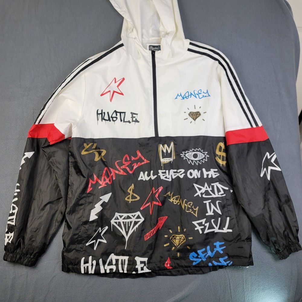 Bleecker And Mercer Windbreaker Hoodie Jacket Men Grafiti Front 1/2 Zip Size XL